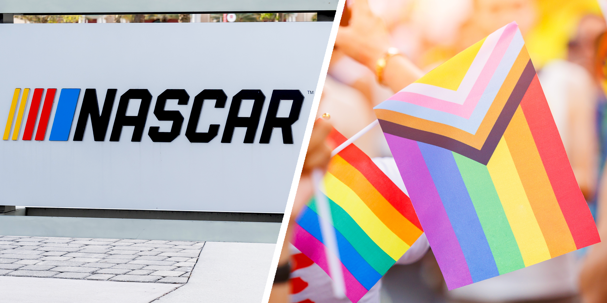 2 panel image of Nascar logo and pride flags