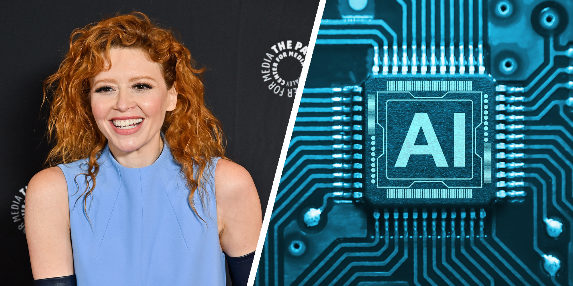 2 panel image of Natasha Lyonne and an AI circuitboard