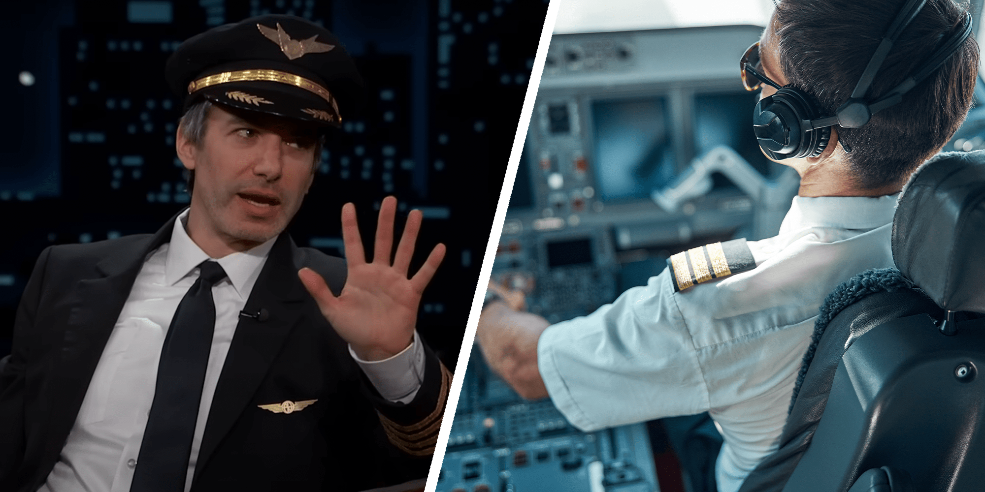 Left; Nathan Fielder in pilot uniform on Jimmy Kimmel Live. He holds up his left hand as if to say, "Stop" Right; stock photo of a pilot in the cockpit viewed from behind has he presses a button