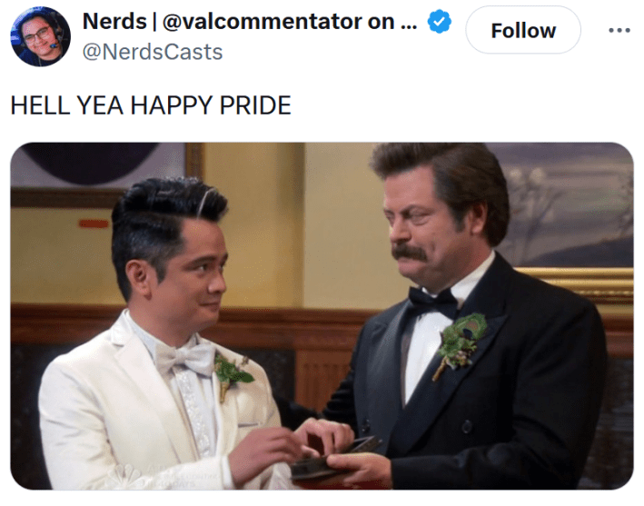Tweet reading "HELL YEA HAPPY PRIDE" with a screenshot of Nick Offerman from Parks and Recreation.