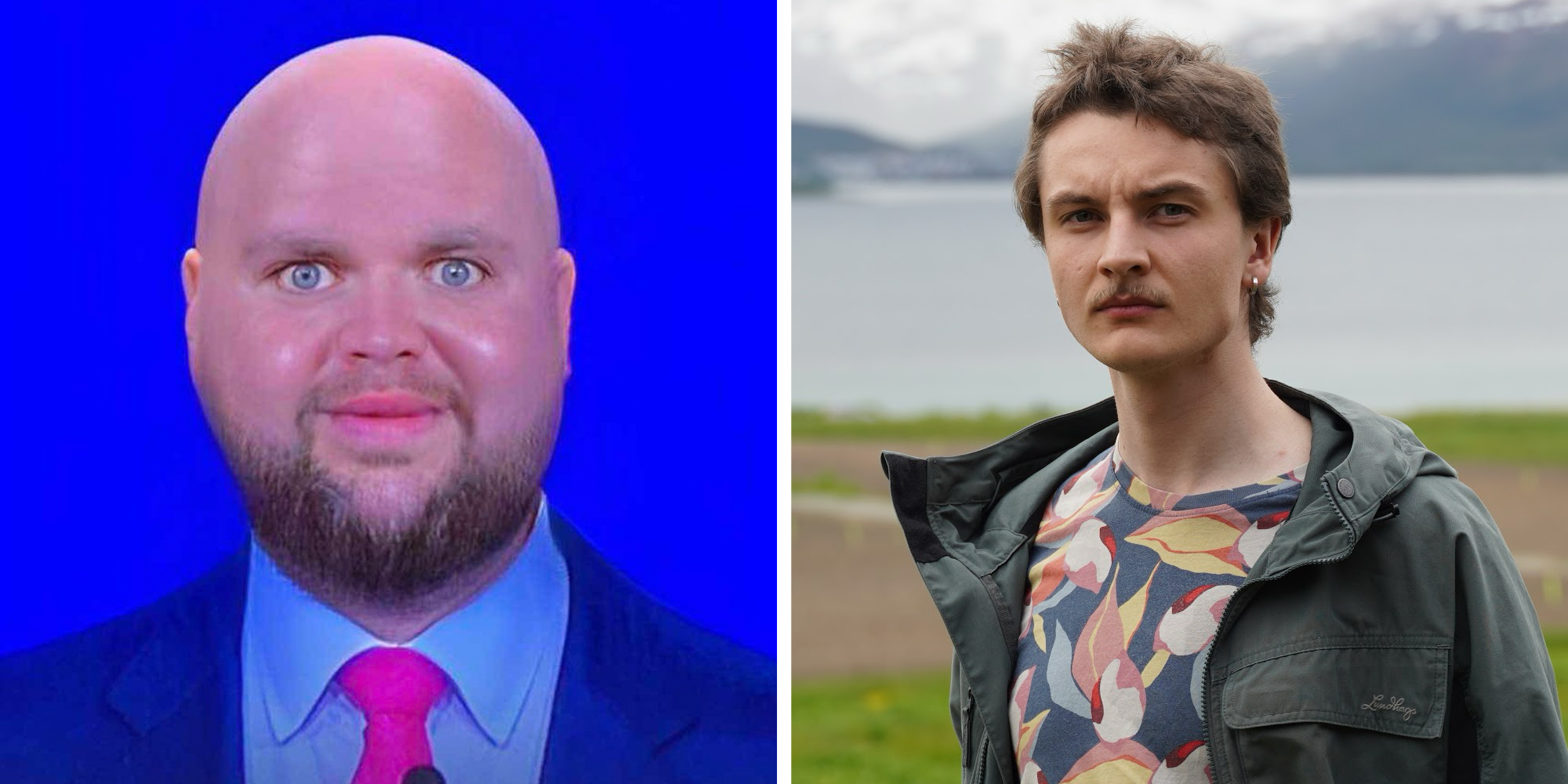 Left: "Babyface" JD Vance meme showing the Vice President with a shaved head in a blue suit: Right: Norwegian tourist Mads Mikkelsen