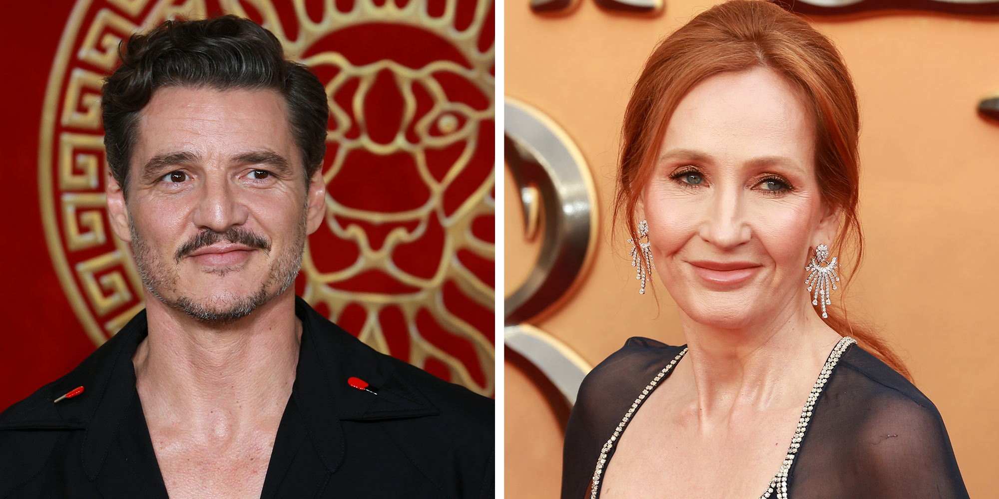 Left: Pedro Pascal attends the "Gladiator II" Global Premiere at odeon Luxe in London, England. Right: J.K. Rowling attends "Fantastic Beasts: The Secrets of Dumbledore" World Premiere at The Royal Festival Hall in London, England
