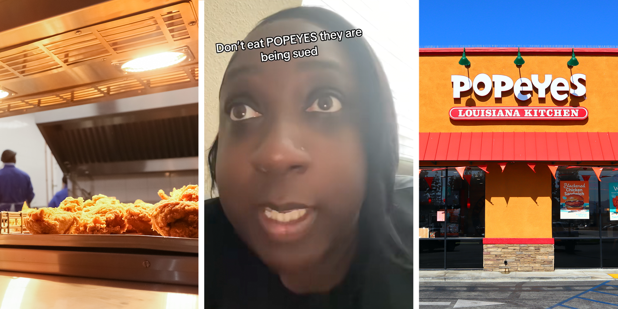 Left; Popeyes fried chicken sitting under a heat lamp. Center; A woman looks stunned with the caption "Don't eat Popeyes they are being sued" written above her. Right; an orange Popeyes storefront.
