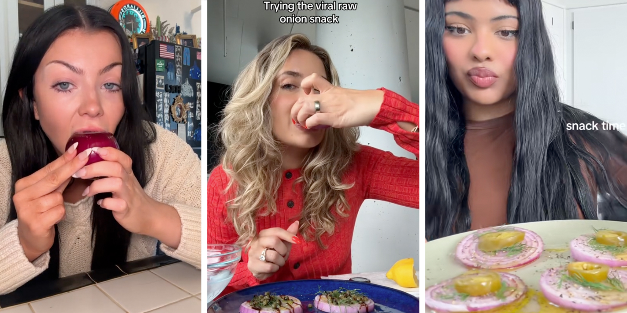 3 panel: Left: Woman biting into a raw red onion Middle: Woman eating the viral onion snack Right: Woman holding prepared plate of viral raw onion snack