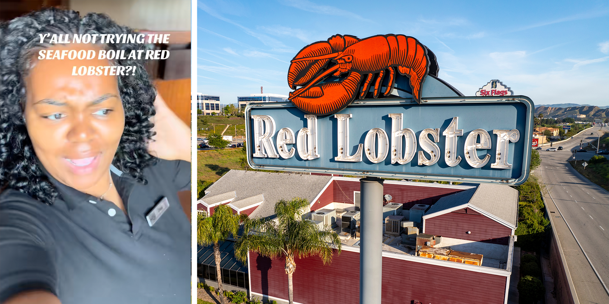 Red Lobster signage outside a restaurant location. A Red Lobster server in a black shirt makes a concerned look on her face. Her text reads, "Y'all not trying the seafood boil at Red Lobster?!"