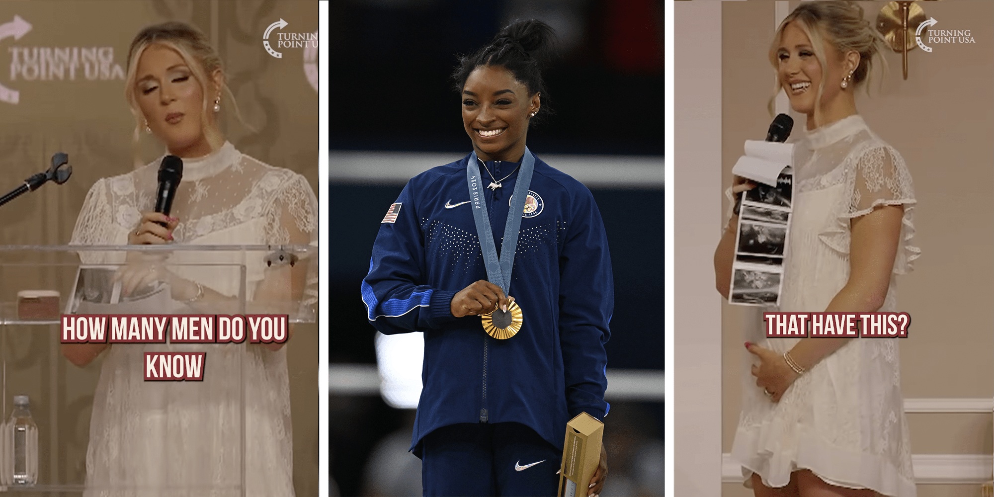 Riley Gaines reveals pregnancy announcement at Turning Point event. Simon Biles stands in the center holding her Olympic gold medal.