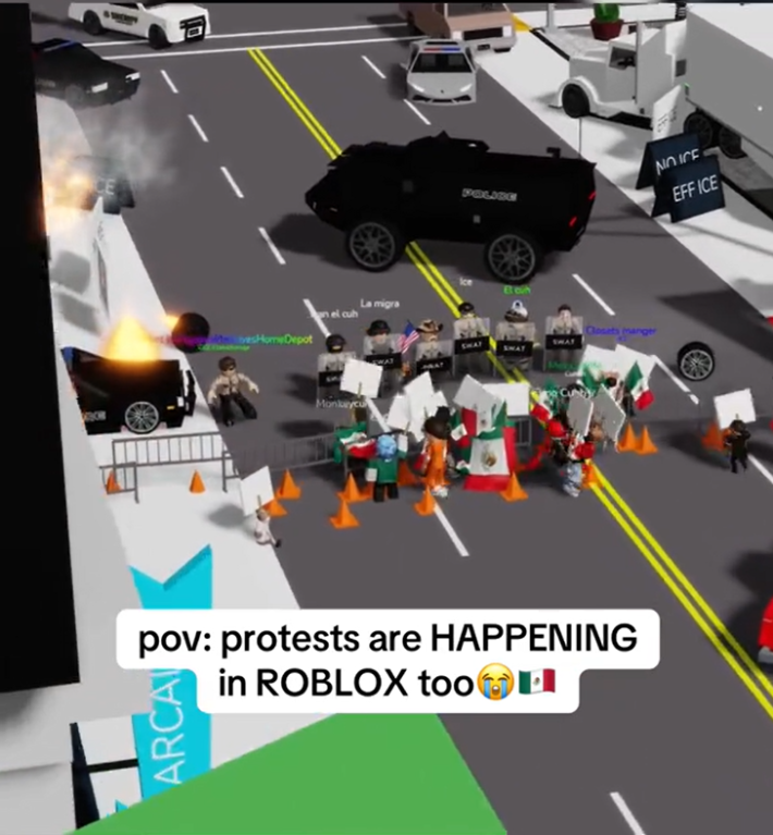 Screenshot of an ICE protest set up in Roblox by players.