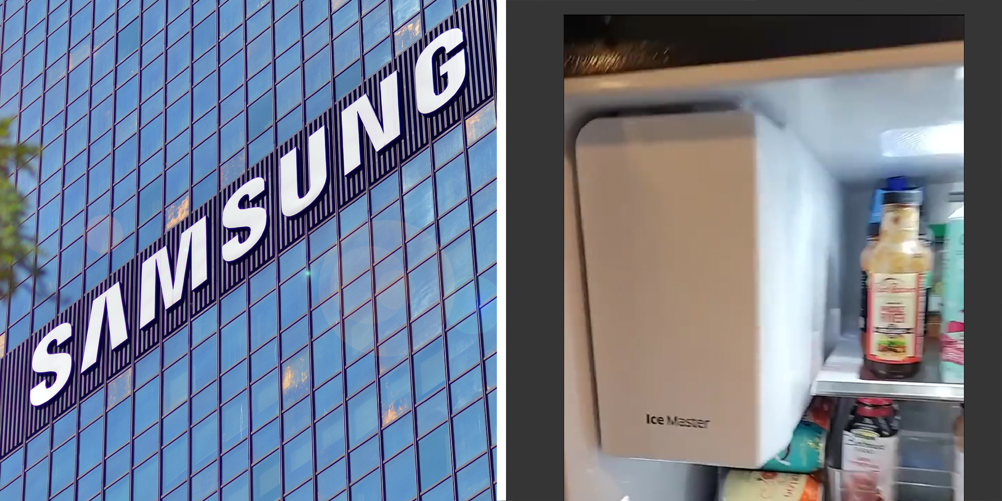the samsung logo and the interior of a Samsung refrigerator.