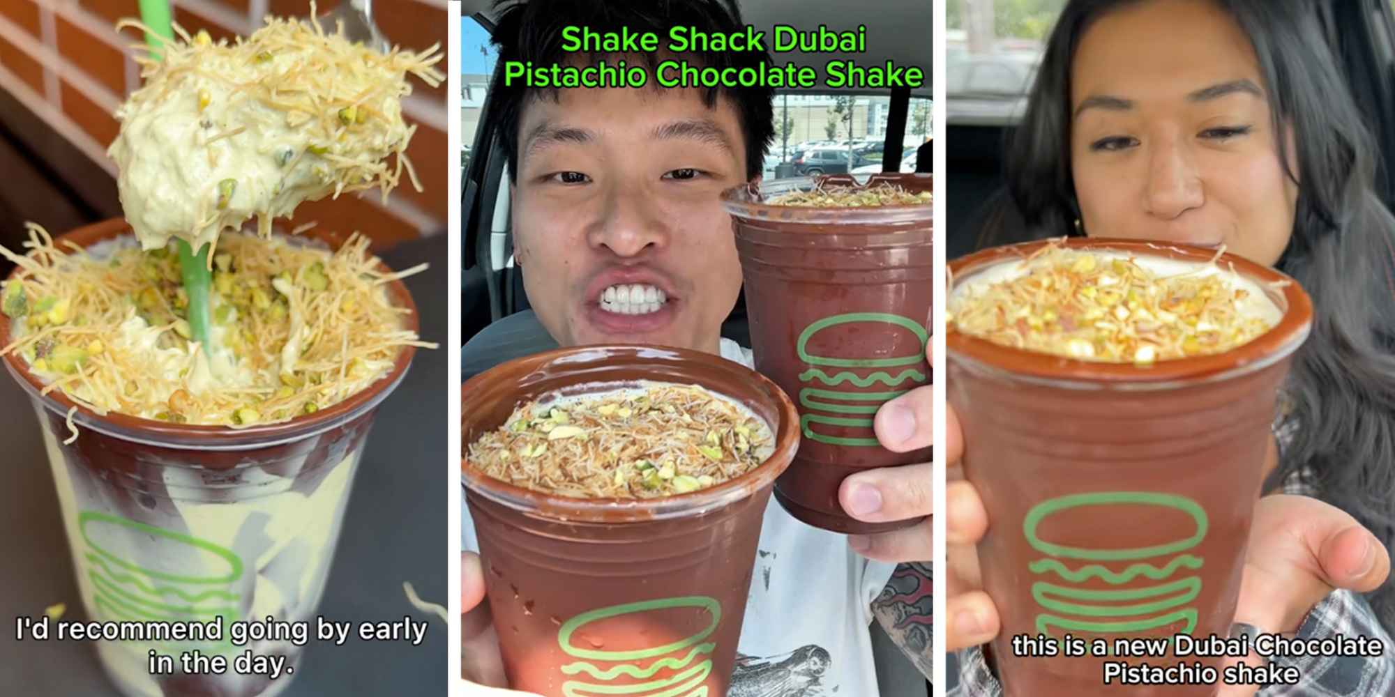 Left: Shake Shack Dubai Pistachio Chocolate Shake under caption reading "I'd recommend going by early in the day." Middle: Man holding two Shake Shack Dubai Pistachio Chocolate Shakes Right: Woman holding Shake Shack Dubai Pistachio Chocolate Shake
