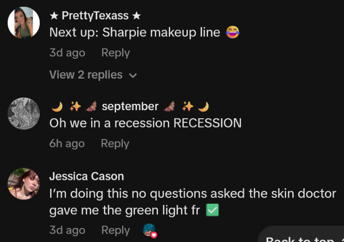 TikTok comments including one reading "Oh we in a recession RECESSION"