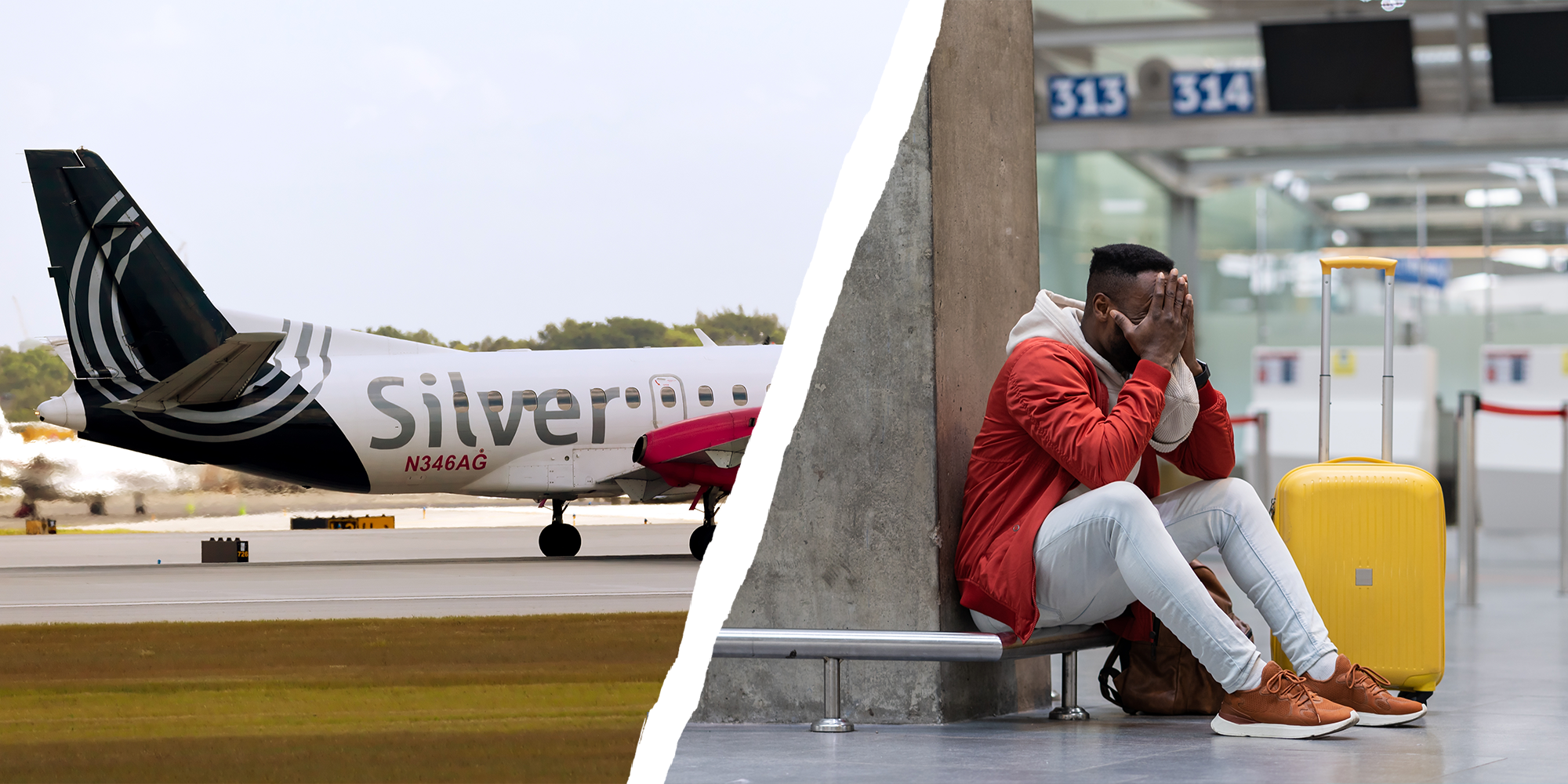 Left; back half of Silver Airways plane. Right; man sits in airport with his hands over his face, visibly upset.