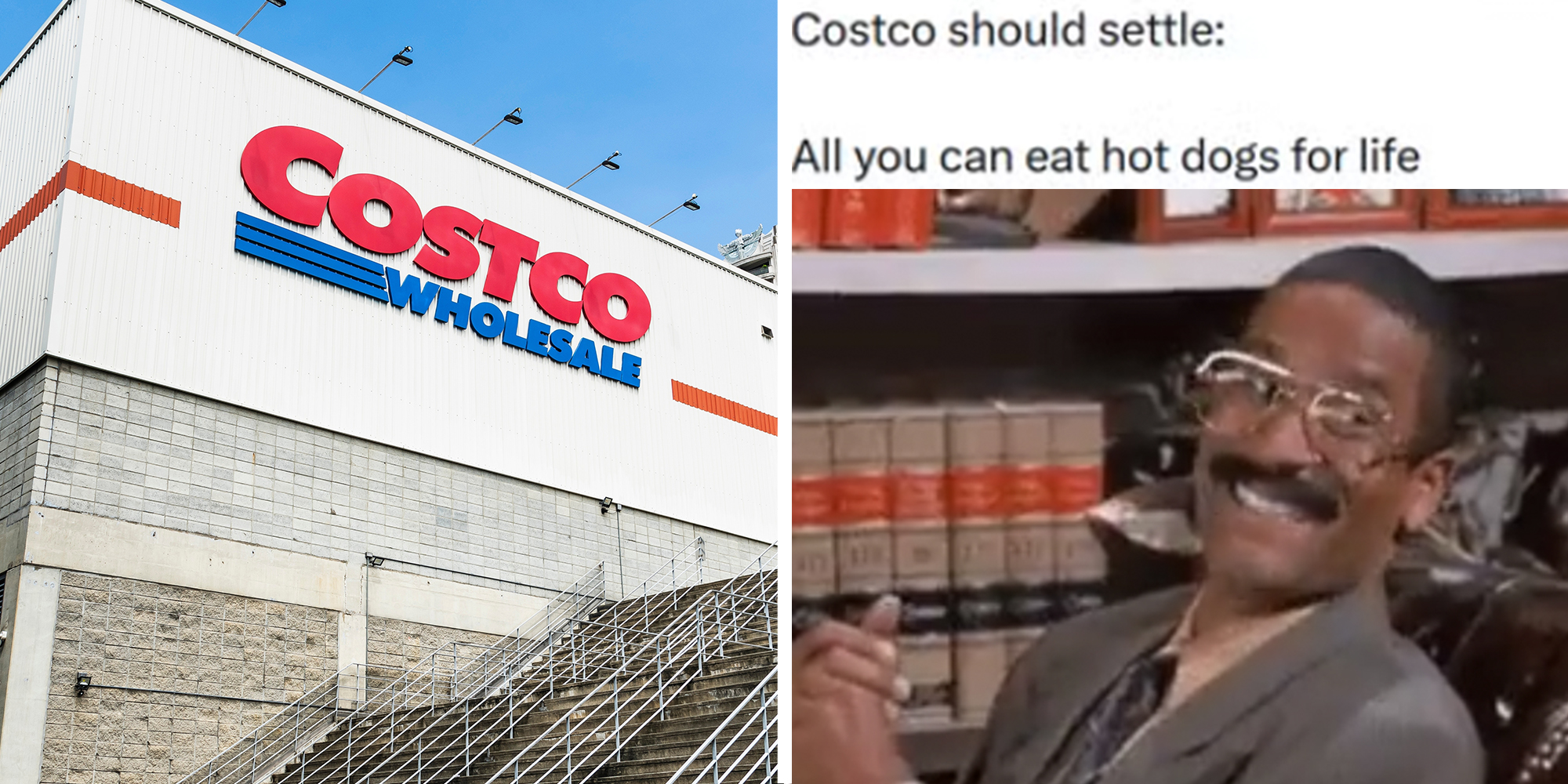 Left Panel: Costco Wholesale building Right Panel: Tweet reading "Costco should settle" above "All you can eat hot dogs for life" over an image of a man rubbing his hands together