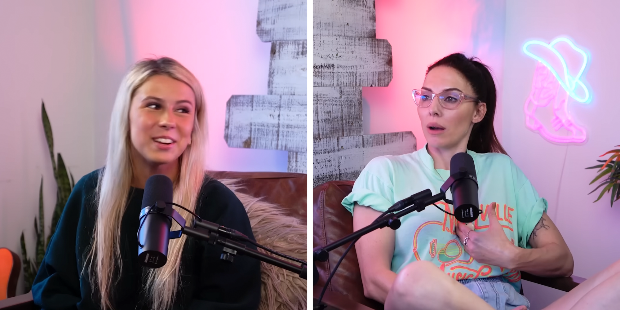 Creator of the Hawk Tuah meme Haliey Welch sits in front of a mic, across from comedian Whitney Cummings as they record an episode of "Talk Tuah."
