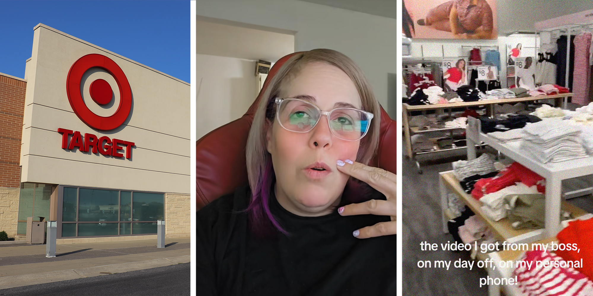 Target storefront, Woman with glasses, and an image of the inside of a Target store's clothing section.