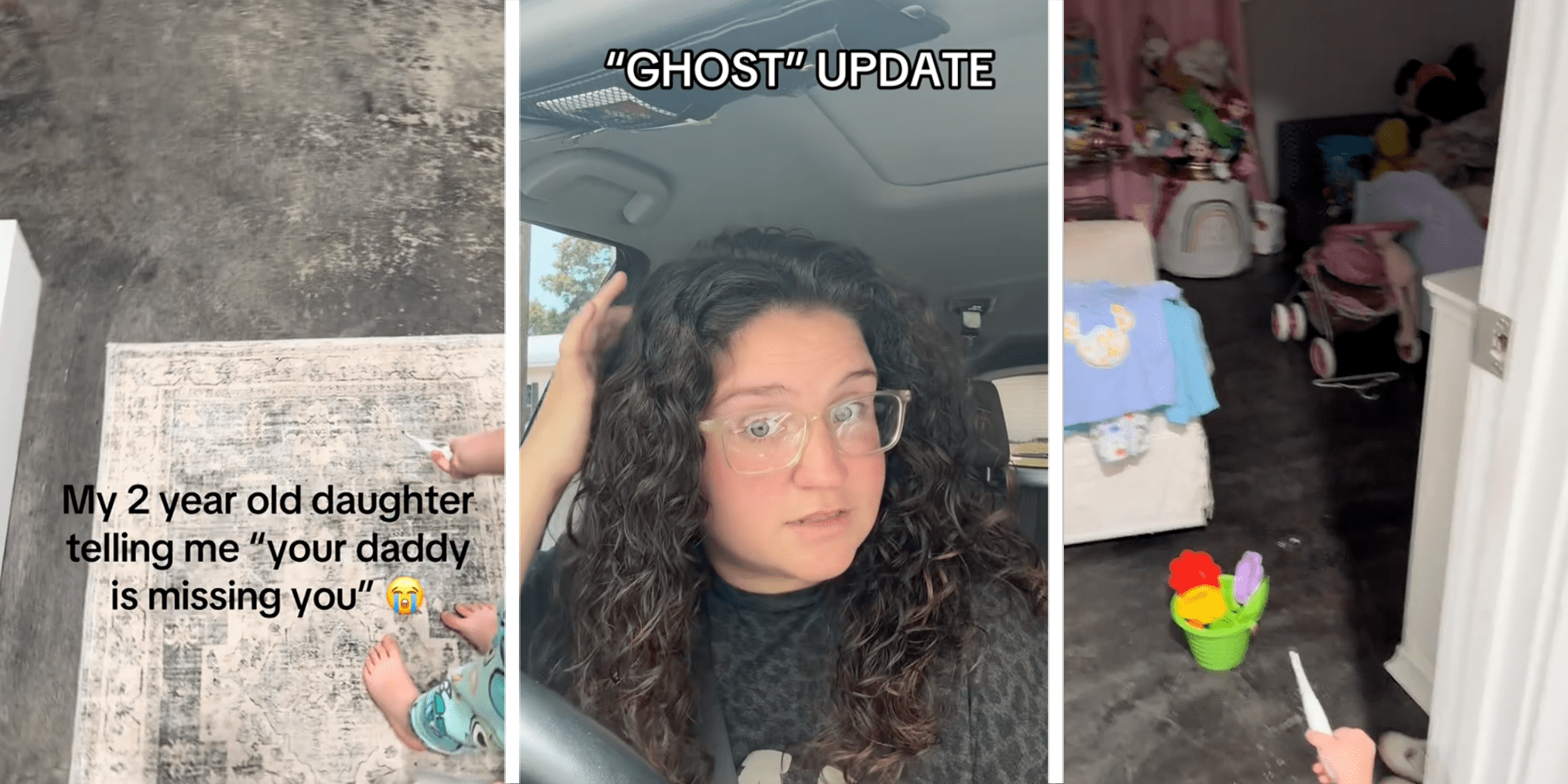 A 2-year-old toddler points a stick at the ground, then into a dark room full of toys. In the center panel, her mother, a woman with curly hair and glasses looks stunned. The text reads, "My 2 year old daughter telling me 'your daddy is missing you'" followed by a crying emoji.