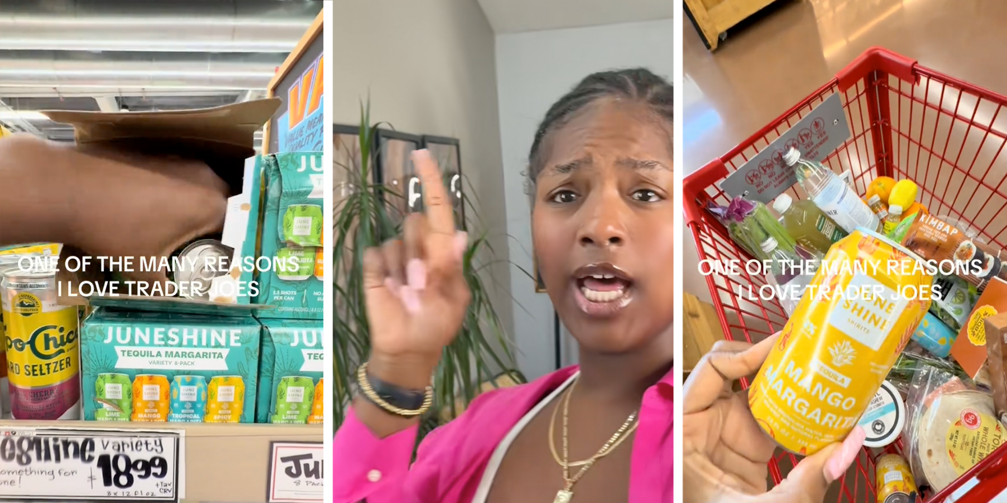 Trader Joe's shopper reaches into June Shine variety pack and selects which individual flavors she wants to buy. She puts a few in her cart.
