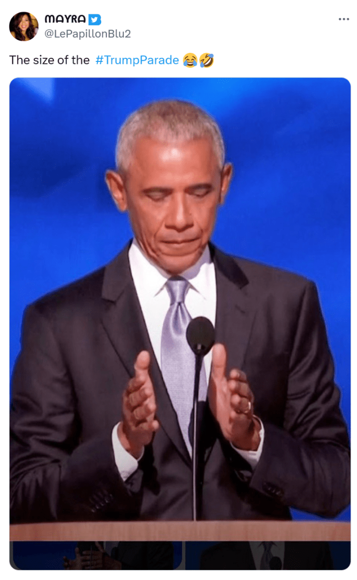 Tweet about the Trump parade that says, "The size of the Trump Parade" with an image of President Obama holding his hands very close together.