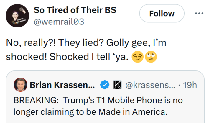 Tweet reading "No, really?! They lied? Golly gee, I’m shocked! Shocked I tell ‘ya."