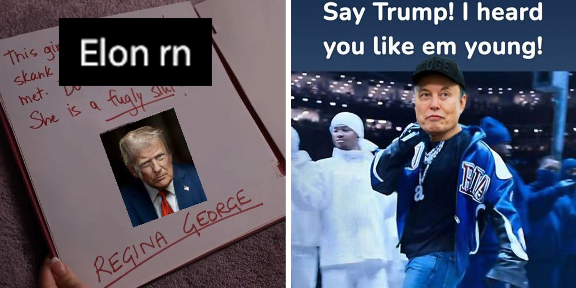 Photo of President Donald Trump in the Burn Book from 'Mean Girls' film, next to a photo of Elon Musk's face photoshopped onto Kendrick Lamar's body