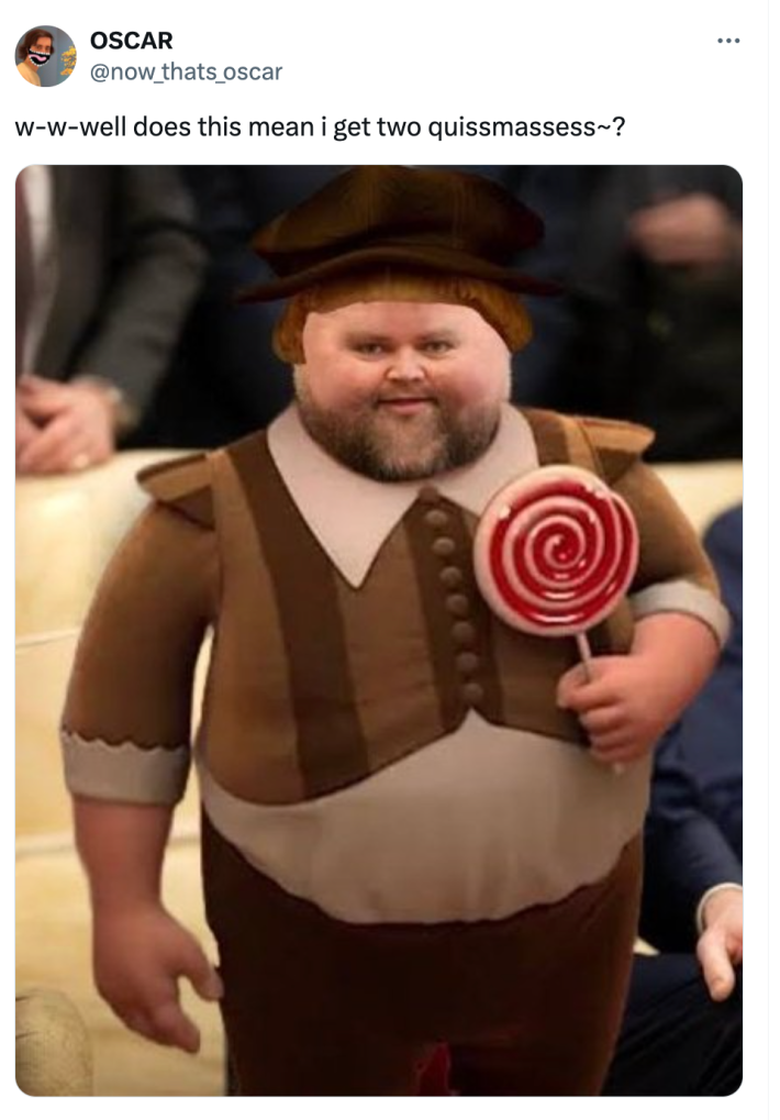 Tweet that reads, "w-w-well does this mean i get two quissmassess~?" with JD Vance as a little German boy with a lollypop.