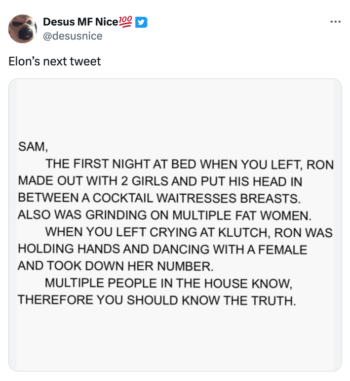 Tweet that reads, "Elon’s next tweet" with a screenshot of a dramatic cheating story.