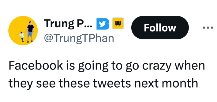 Tweet that reads, “Facebook is going to go crazy when they see these tweets next month"