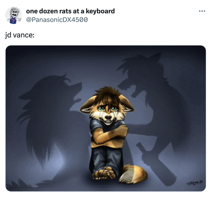 Tweet about JD Vance being left out in the cold because mom and dad are fighting.