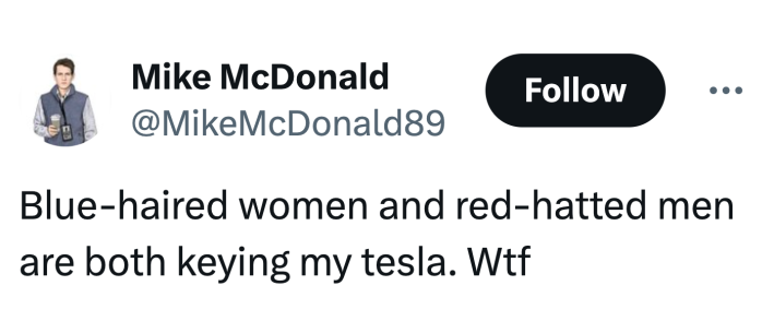 Tweet that reads, "Blue-haired women and red-hatted men are both keying my tesla. Wtf"