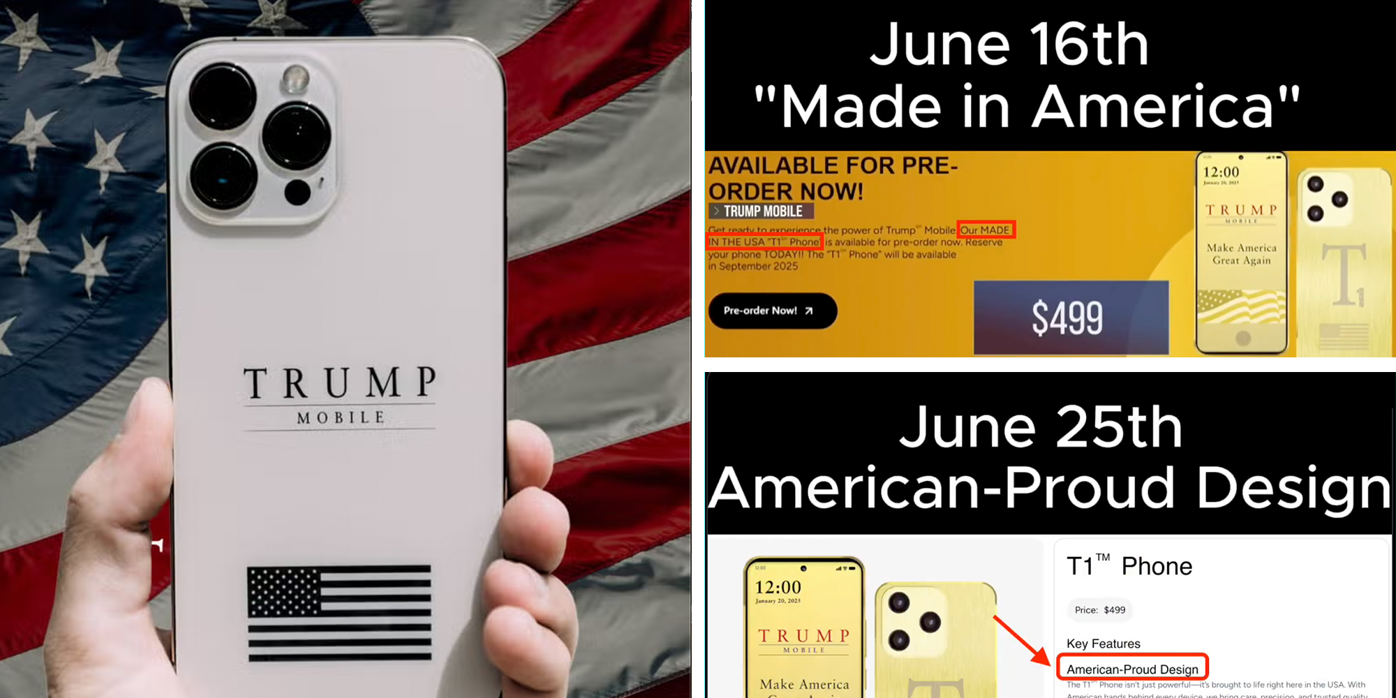 Left: Hand holding Trump branded iPhone against American flag background Right: Trump Mobile website showing change to marketing text before and after, from "June 16th 'Made in America'" to "June 25th American-Proud design"