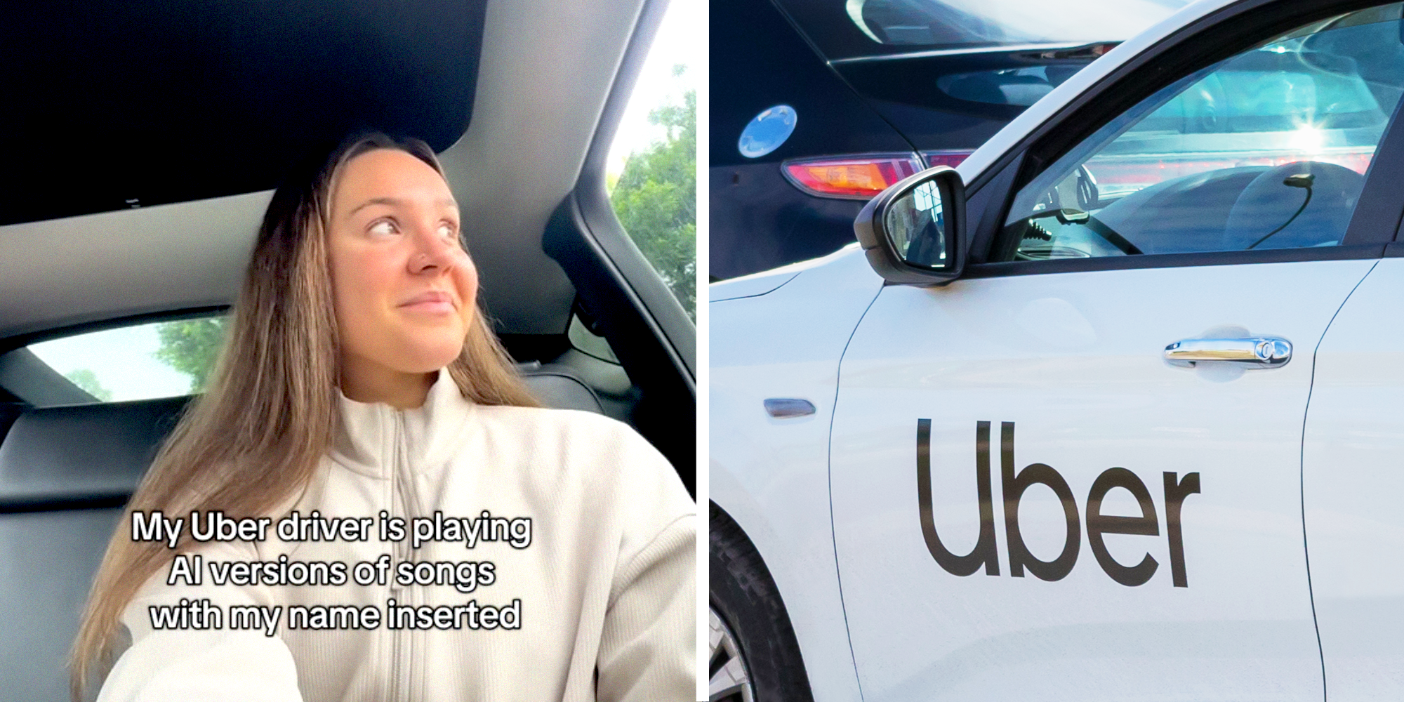 2 panel image of a TikTok and a car with an Uber sticker