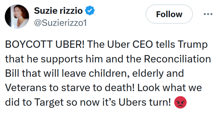 Tweet reading "BOYCOTT UBER! The Uber CEO tells Trump that he supports him and the Reconciliation Bill that will leave children, elderly and Veterans to starve to death! Look what we did to Target so now it’s Ubers turn!"