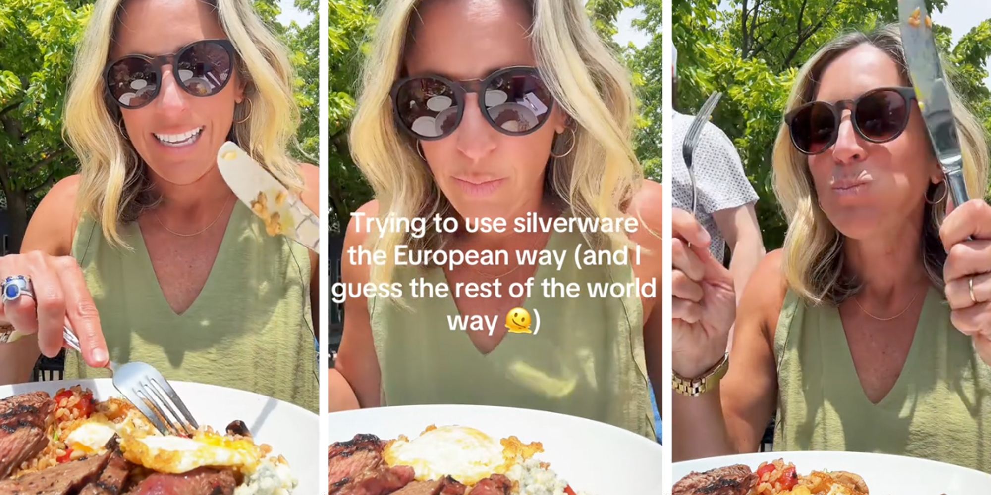 Three panel: Blonde woman eating steak and eggs with a caption overlay reading: "Trying to use silverware the European way (and I guess the rest of the world way)"