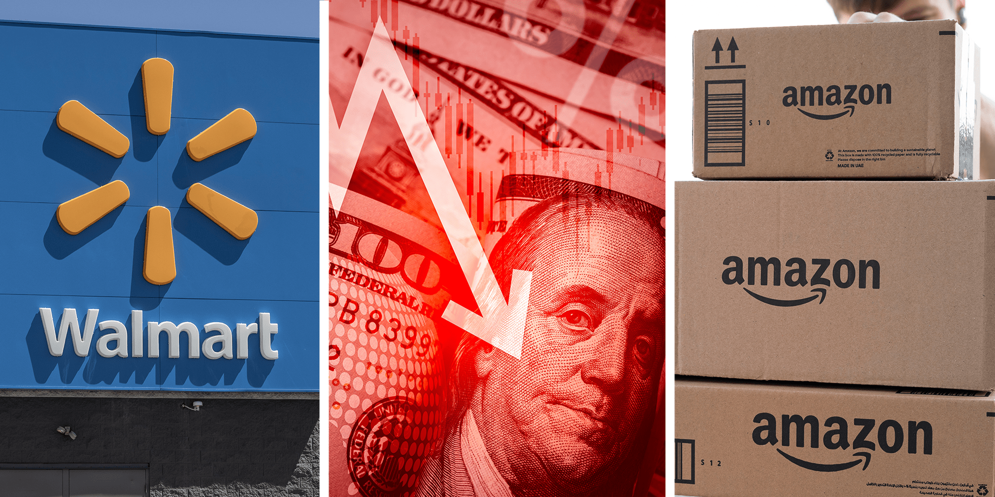 Walmart storefront. A red arrow points down over a stack of $100 USD bills. A stack of brown boxes show the Amazon logo.