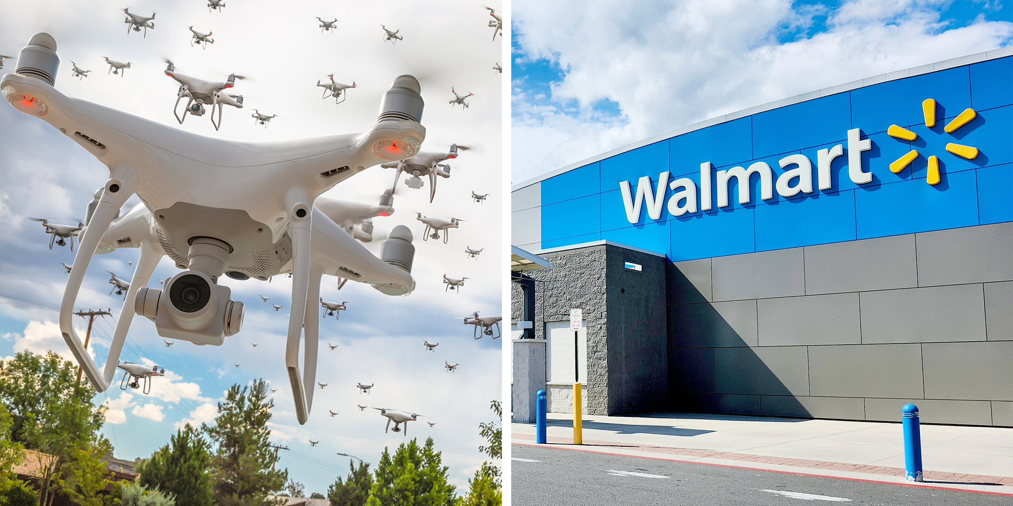 white drones fly through the sky to the left, and the right panel shows a walmart storefront