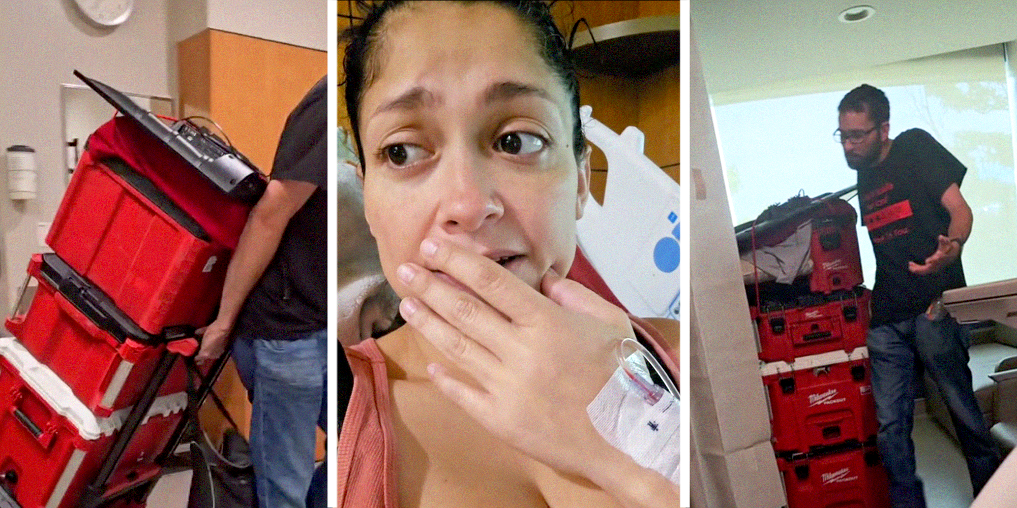 3 panel image of a man bringing boxes into hospital room and a woman talking