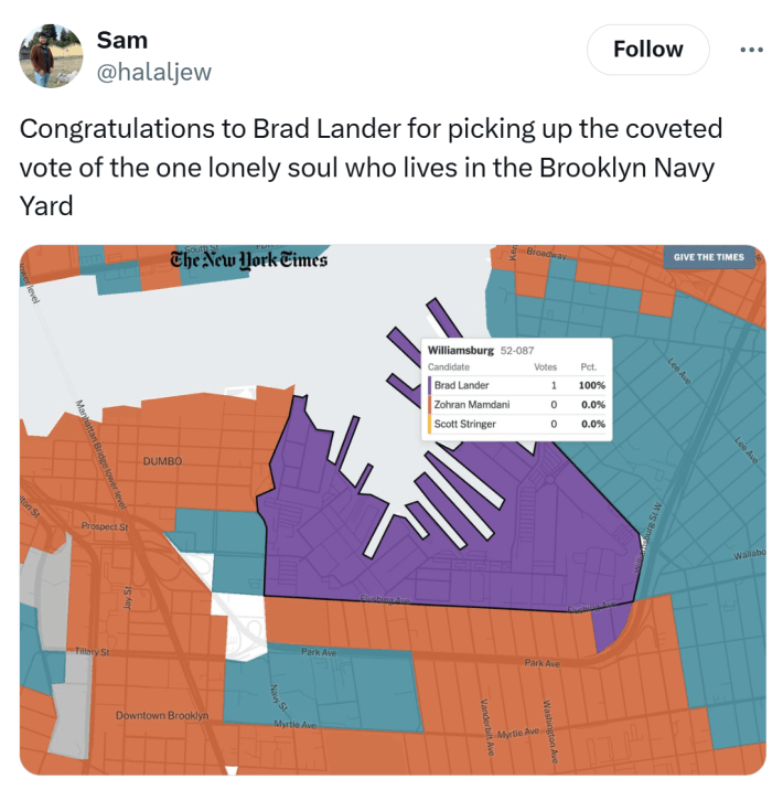 Tweet that reads, "Congratulations to Brad Lander for picking up the coveted vote of the one lonely soul who lives in the Brooklyn Navy Yard" with a map of the voting landscape.