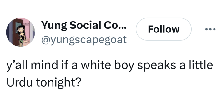 Tweet that reads, "y’all mind if a white boy speaks a little Urdu tonight?"