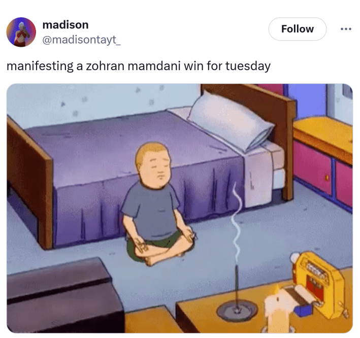 Tweet that reads, "manifesting a zohran mamdani win for tuesday" with a cartoon boy meditating in his room with a lit stick of incense and a candle.