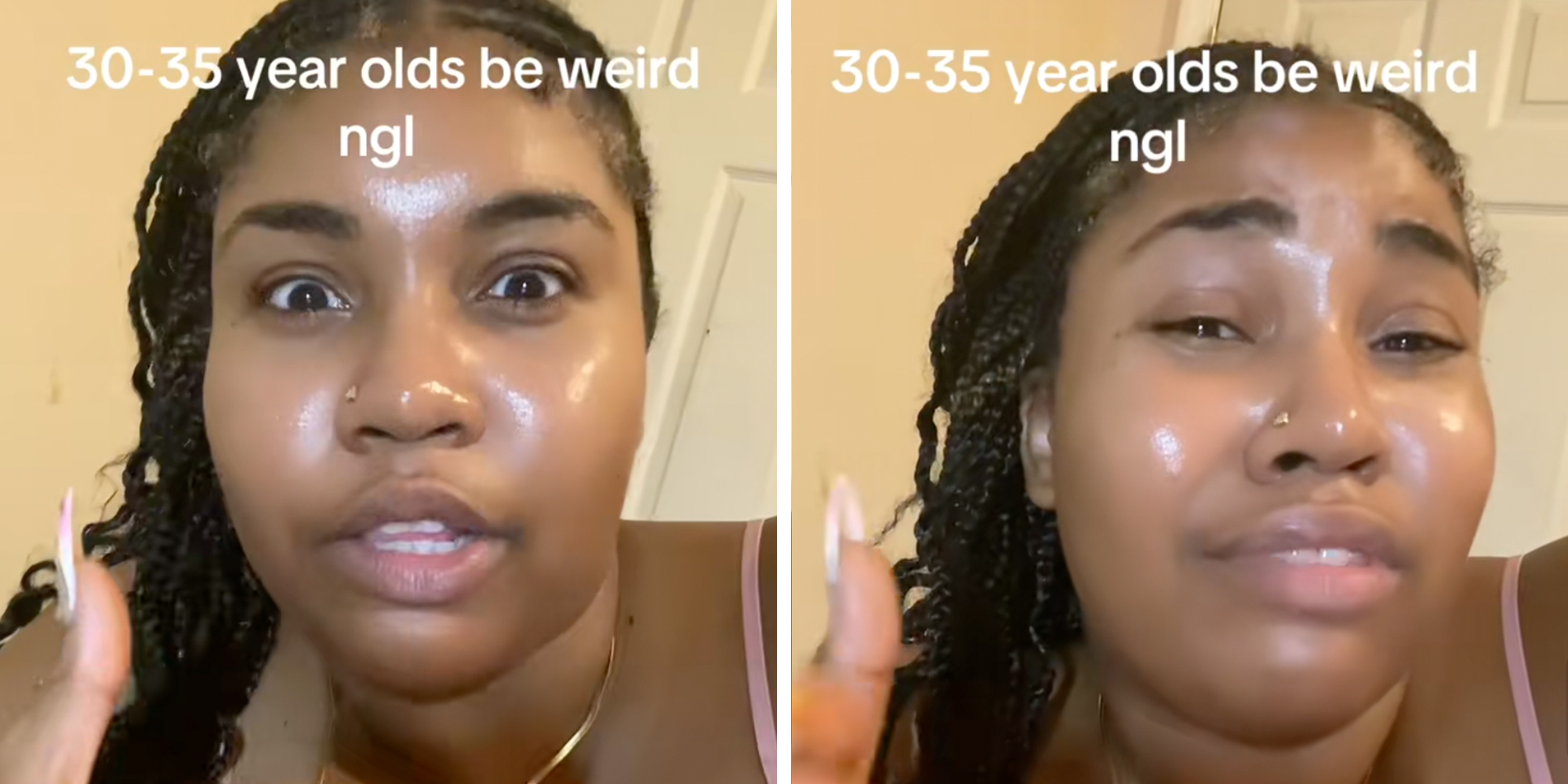 Woman looking into camera under caption reading "30-35 year olds be weird ngl"