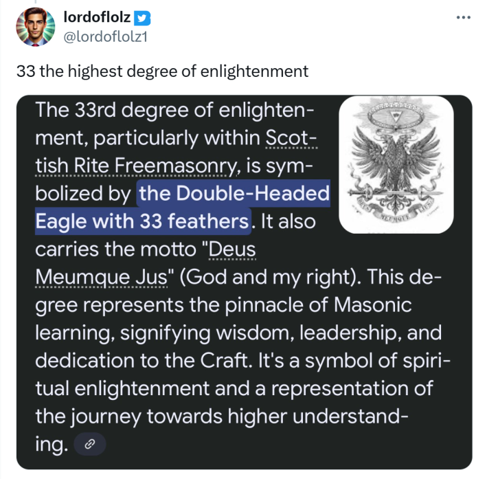 Tweet that reads, "33 the highest degree of enlightenment" with a screenshot about the Freemasons.
