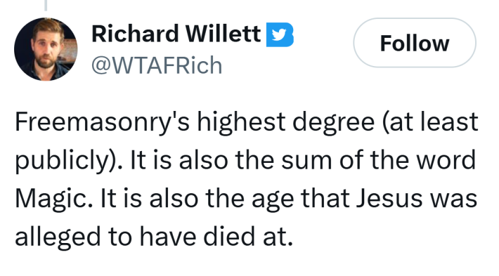 Tweet that reads, "Freemasonry's highest degree (at least publicly). It is also the sum of the word Magic. It is also the age that Jesus was alleged to have died at."