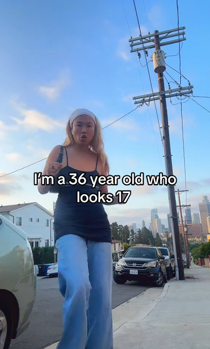 A woman doing a parody of the "I'm a36 year old who looks 17" videos.