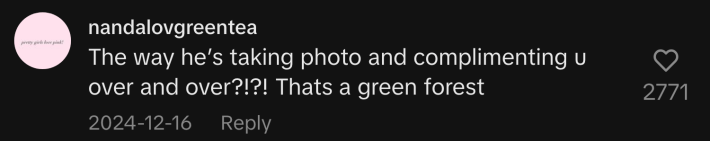 “The way he’s taking photos and complimenting you over and over?!?! That’s a green forest.”