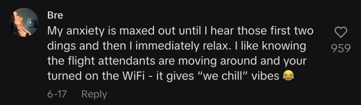 “My anxiety is maxed out until I hear those first two dings and then I immediately relax. I like knowing the flight attendants are moving around and your turned on the WiFi - it gives “we chill” vibes 😂.”