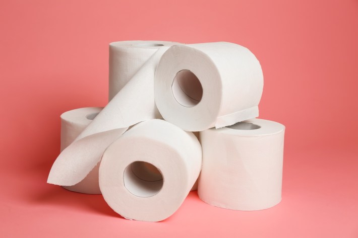 Rolls of toilet paper on color background