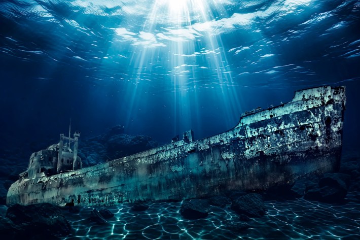 Titanic shipwreck lying silently on the ocean floor.