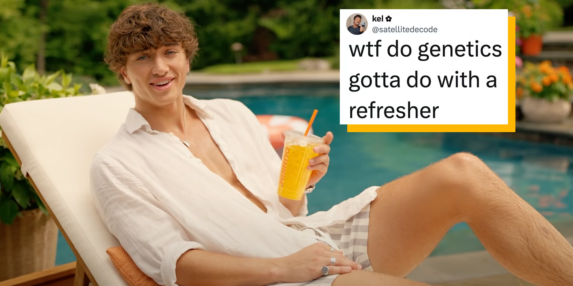 Left: Tweet reading "wtf do genetics gotta do with a refresher" Right: Dunkin' Donuts Gavin Casalegno ad