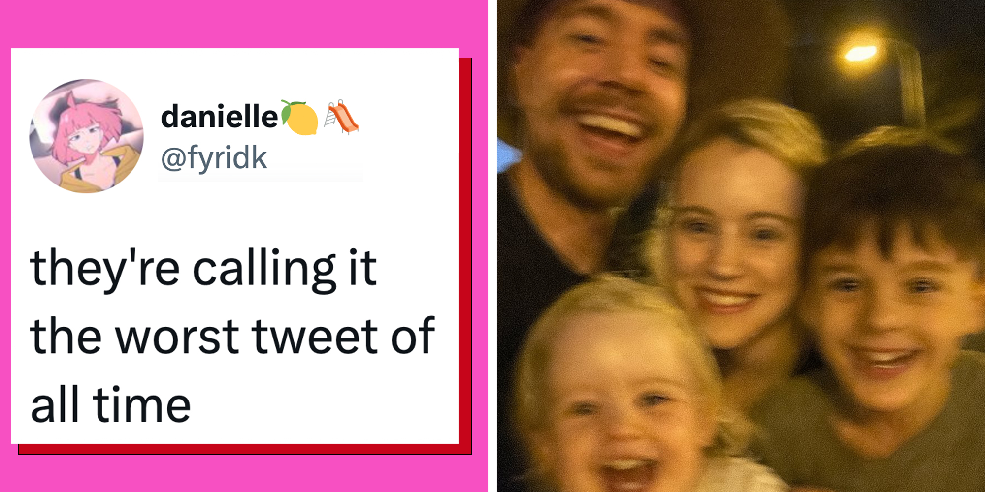 Left: Tweet reading "They're calling it the worst tweet of all time" Right: AI-generated image of streamer MrBeast next to his fiancee and AI-generated children