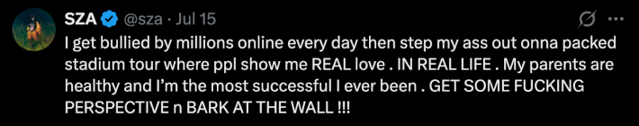 “I get bullied by millions online every day then step my ass out onna packed stadium tour where ppl show me REAL love . IN REAL LIFE . My parents are healthy and I’m the most successful I ever been . GET SOME FUCKING PERSPECTIVE n BARK AT THE WALL !!!”