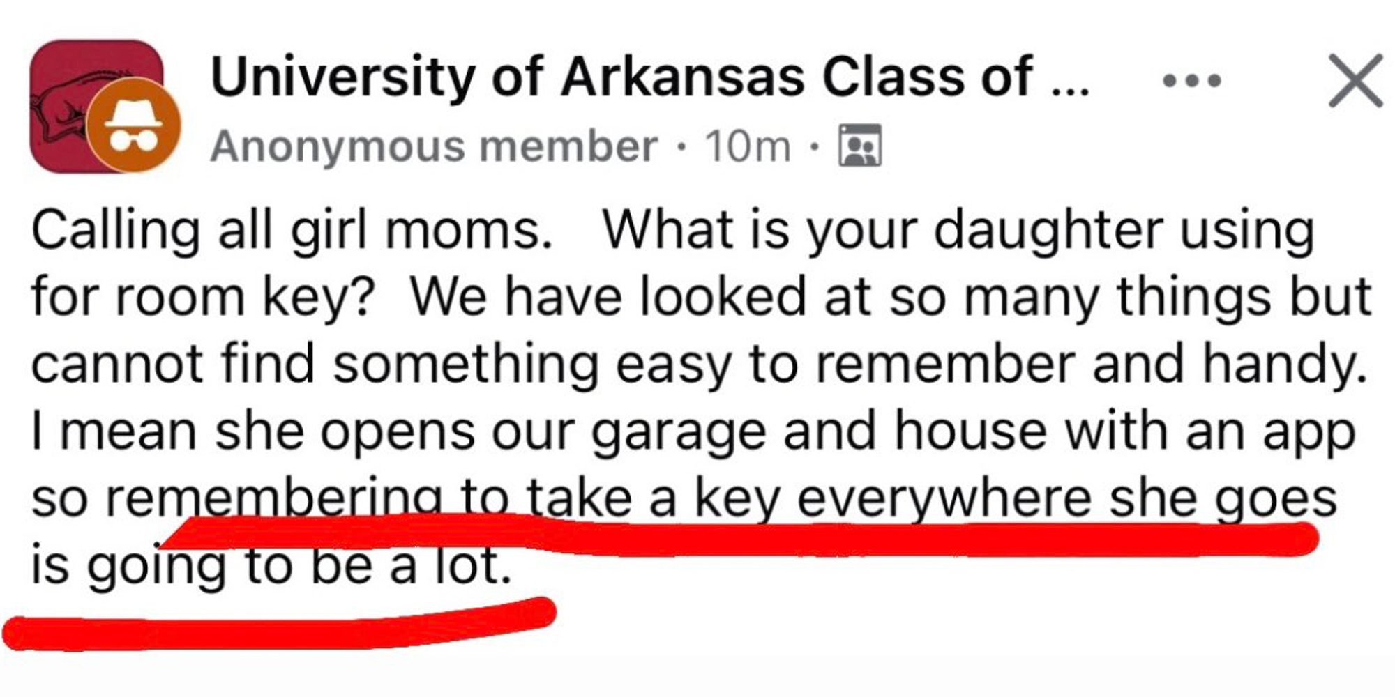 Facebook screenshot from University of Arkansas group from a parent asking advice about her daughter